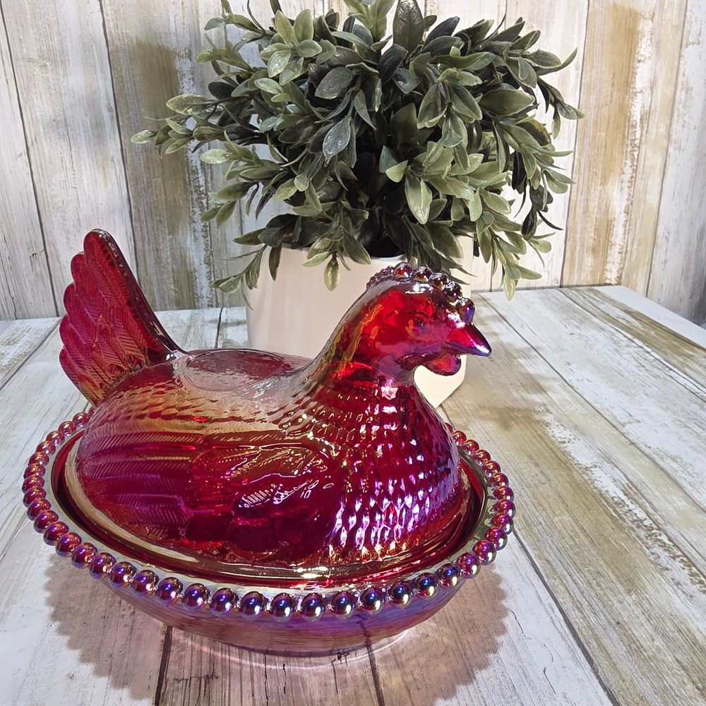 Ruby Red Carnival Glass Hen on Nest Covered Dish Iridescent Beaded Rim 7.5in